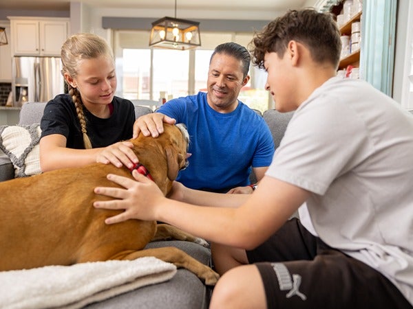 A family sitting on a couch, petting a large brown dog.