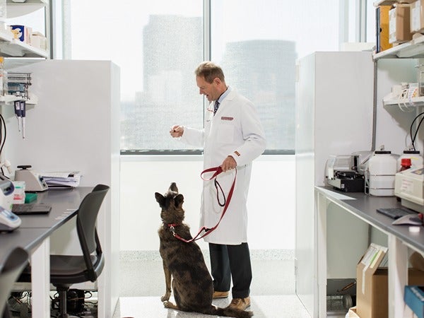 Man in lab coat with dog in a laboratory.