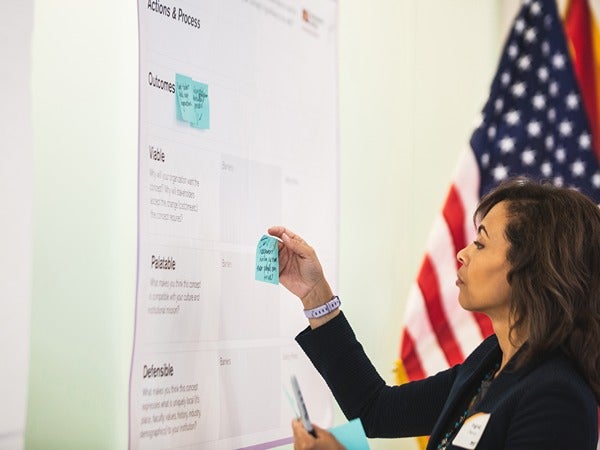A woman places a sticky note on a large poster in front of the U.S. flag.