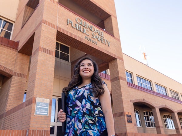 Woman standing in front of Glendale Public Safety building.