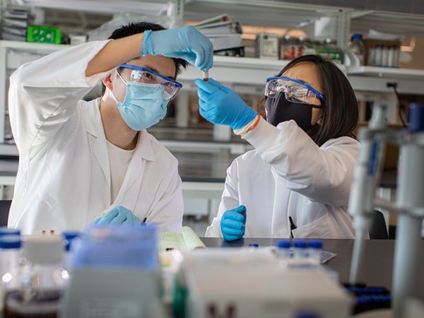 Two people in a laboratory examining a vial.